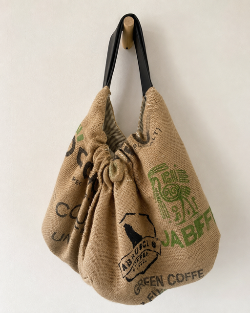 A burlap shoulder bag with black handles, featuring green and black coffee-themed graphics, hanging from a wooden peg against a plain off-white wall.
